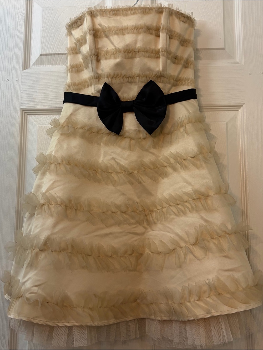 River Island Cream Strapless Ruffle Tulle Dress with Black Bow Belt